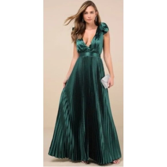 LULU's Sexy Chic Prom Wedding Bridesmaid Satin Ruffle Lace Up Back Maxi Dress - Picture 1 of 7